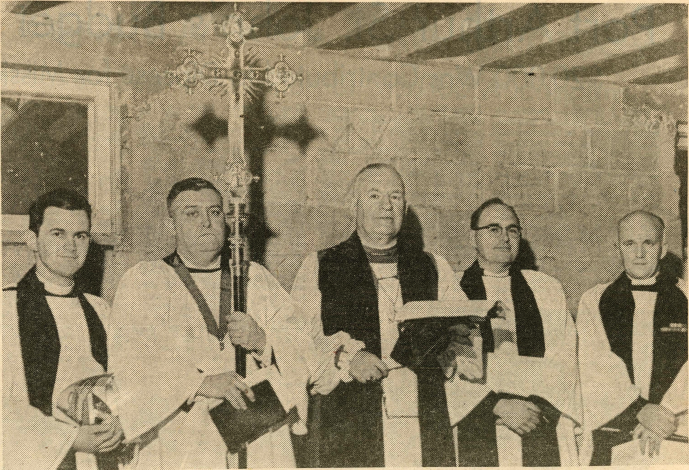 Archbishop W.L. Wright (center), Rev. Hoover (on his right), and others during the dedication of the church at Azilda